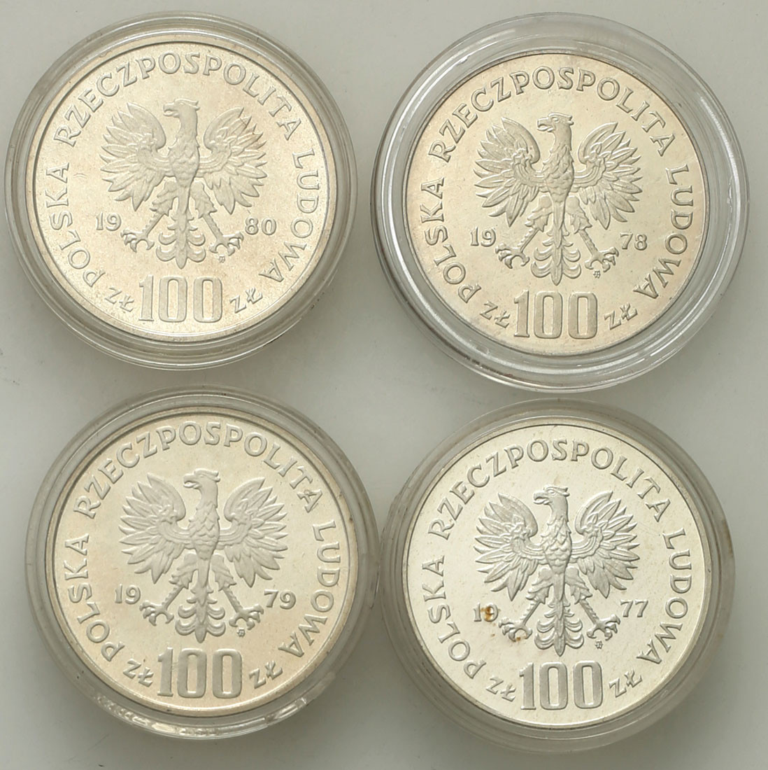PRL. PRÓBA Srebro 100 złotych 1977-1980, zestaw 5 monet